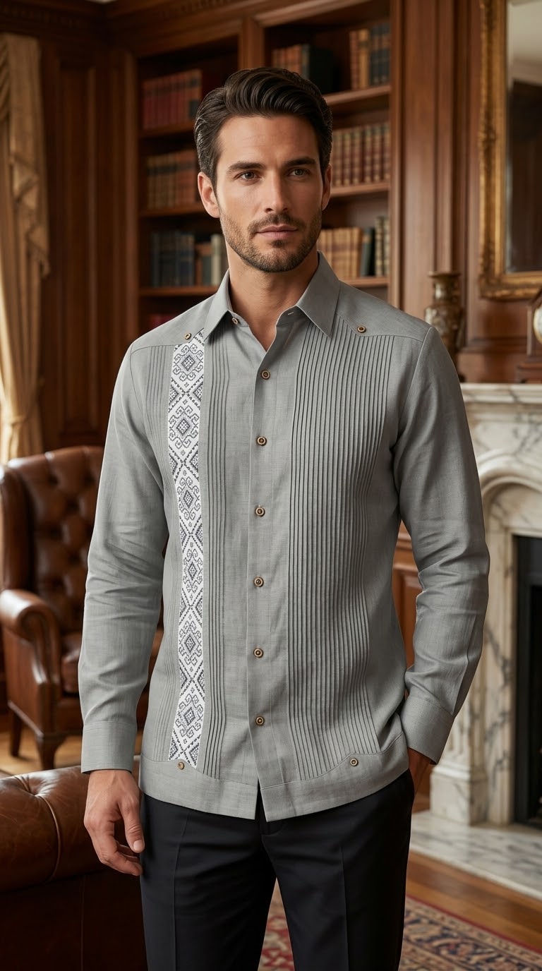Guayabera Diamante Maya Gris Oxford 100% lino