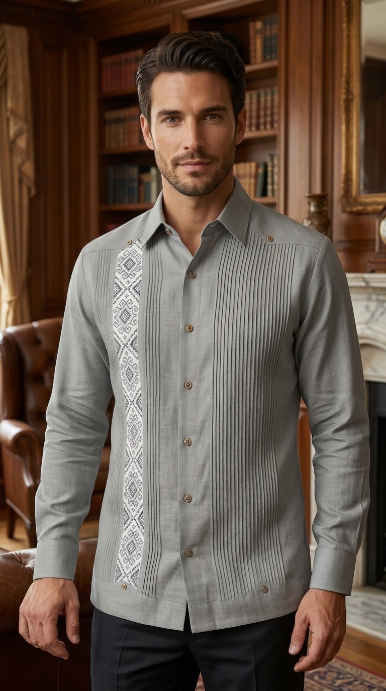 Guayabera Diamante Maya Gris Oxford 100% lino