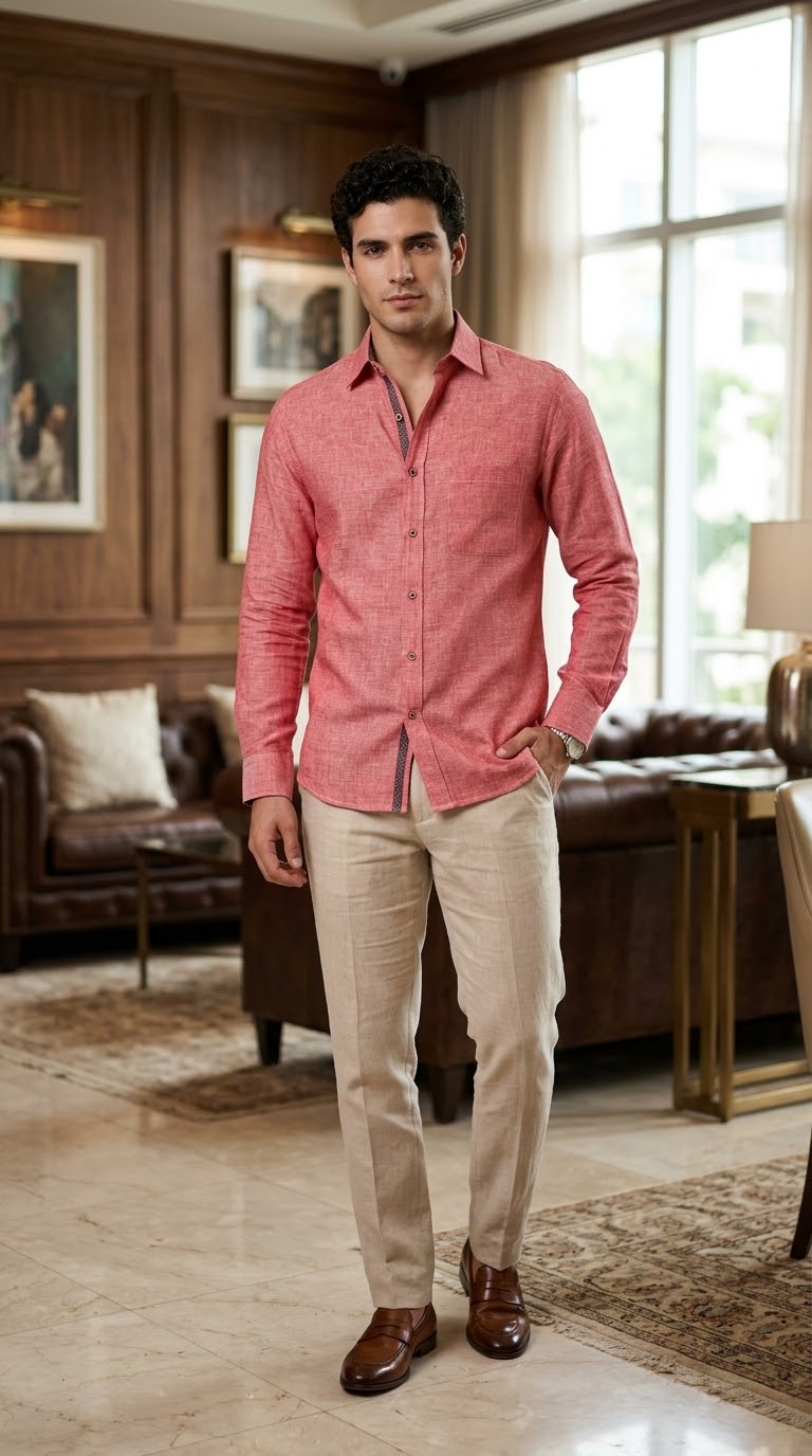 Camisa Color Rojo Jaspe 100% lino