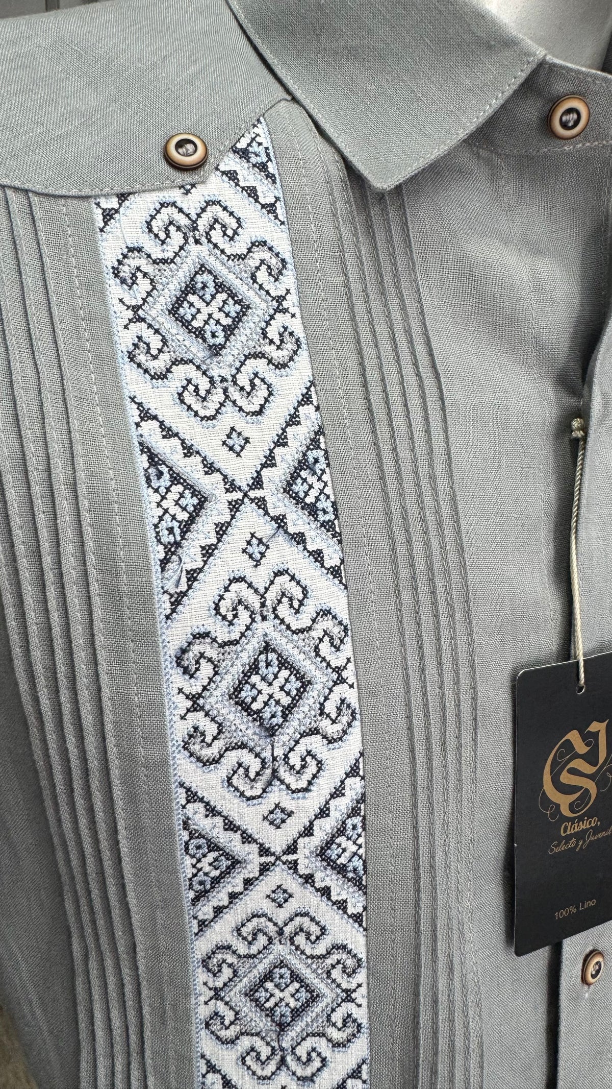 Guayabera Diamante Maya Gris Oxford 100% lino