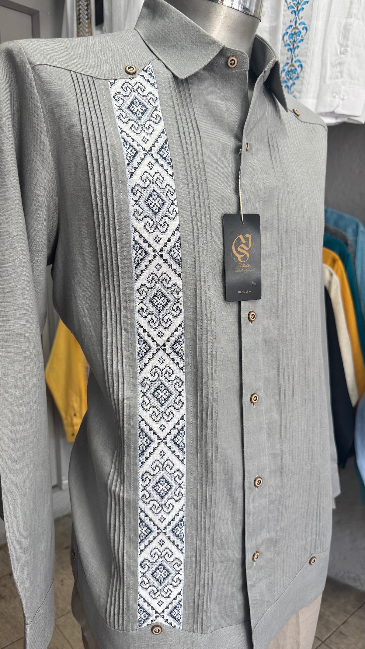 Guayabera Diamante Maya Gris Oxford 100% lino
