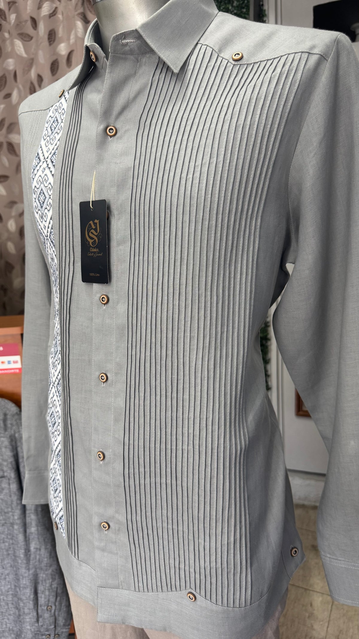 Guayabera Diamante Maya Gris Oxford 100% lino