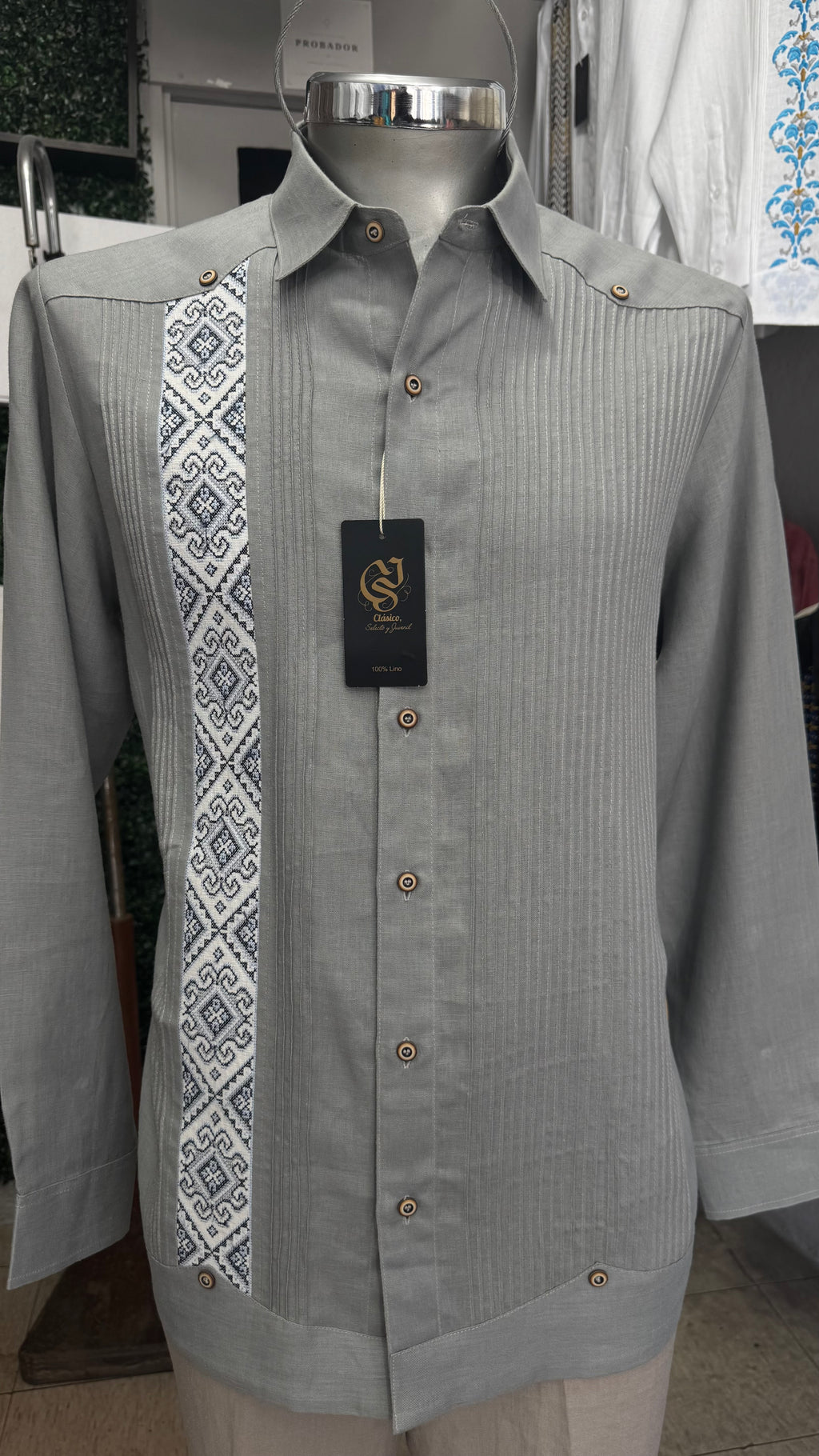 Guayabera Diamante Maya Gris Oxford 100% lino