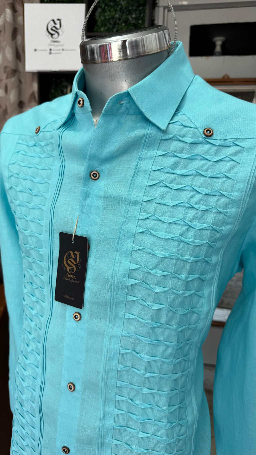 Guayabera Escama Aqua 100% lino