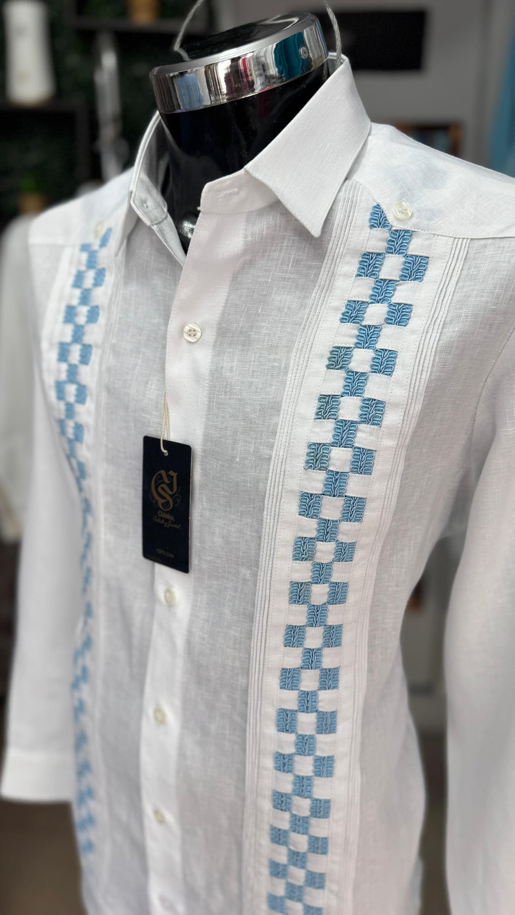 Guayabera Ajedrez Blanco 100% lino
