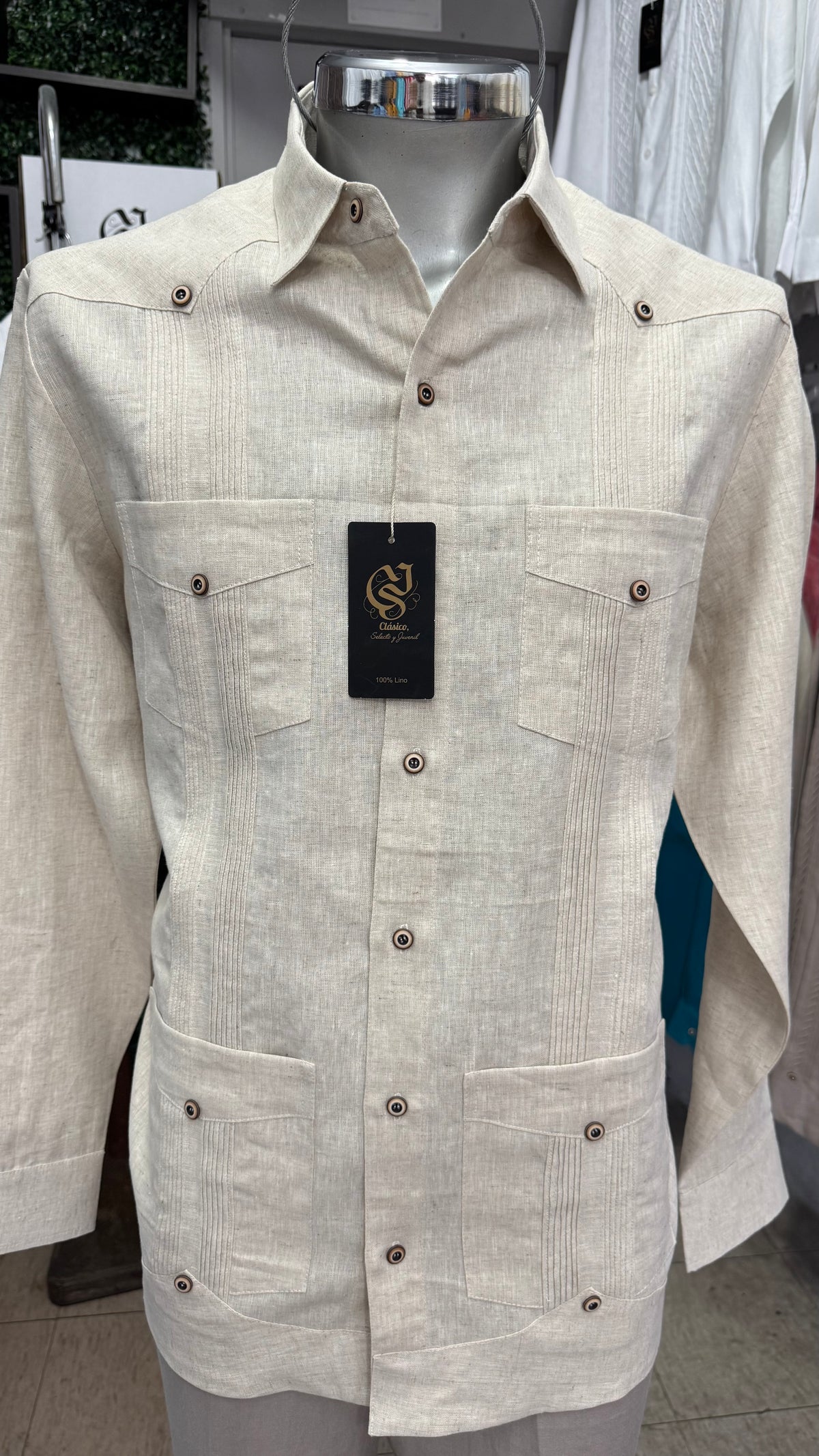 Guayabera Clásica Cubana 4 bolsas Arena 100% lino