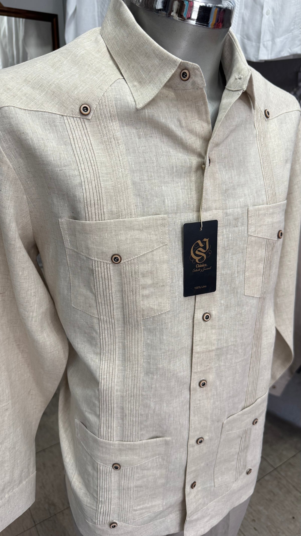 Guayabera Clásica Cubana 4 bolsas Arena 100% lino