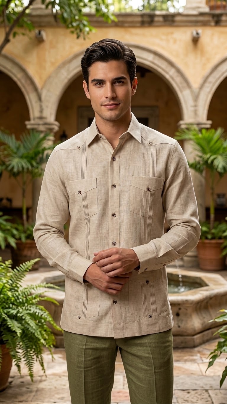 Guayabera Clásica Cubana 4 bolsas Arena 100% lino