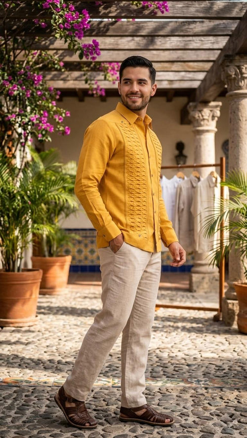 Guayabera Modelo Escama Mostaza 100% lino