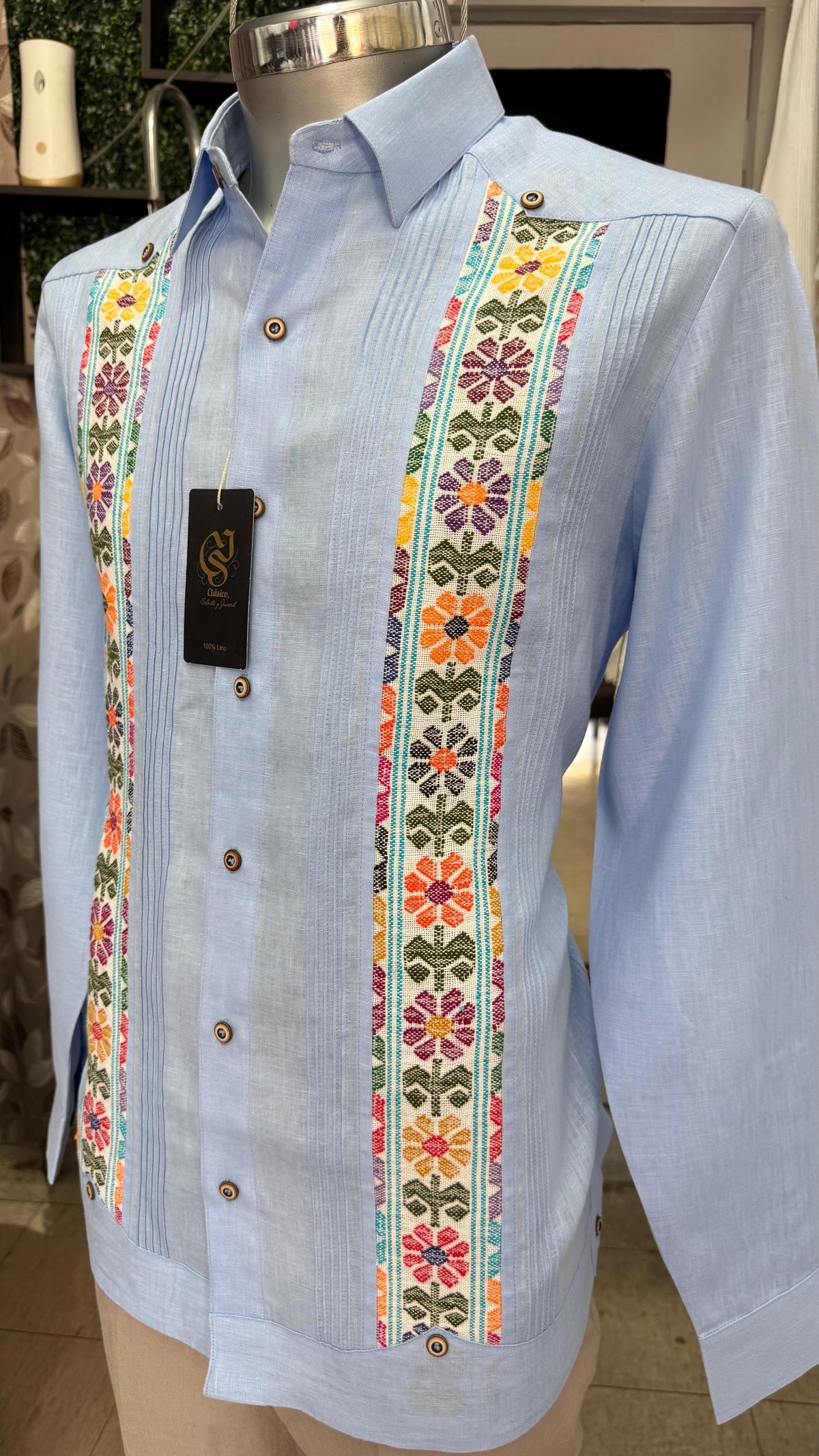 Guayabera Linaje Artesanal Azul 100% lino