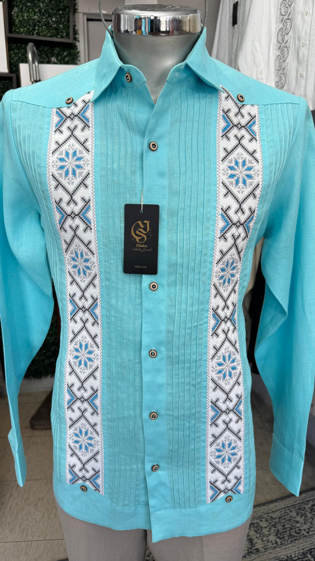 Guayabera Tulúm Azúl Aqua 100% lino