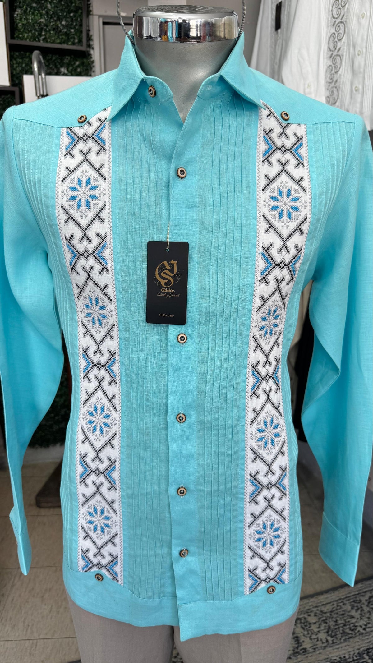 Guayabera Tulúm Azúl Aqua 100% lino