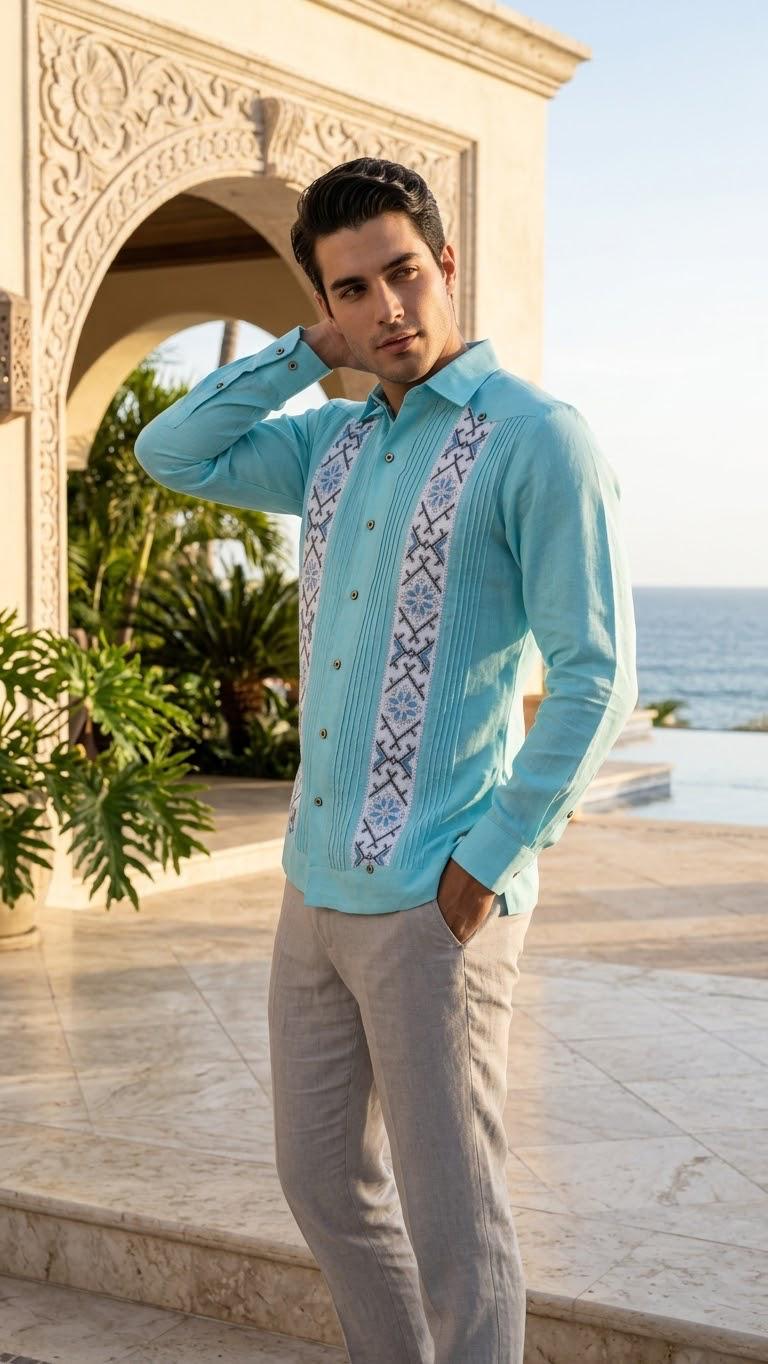 Guayabera Tulúm Azúl Aqua 100% lino