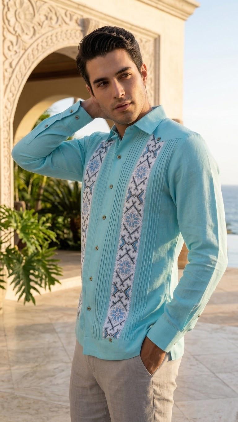 Guayabera Tulúm Azúl Aqua 100% lino