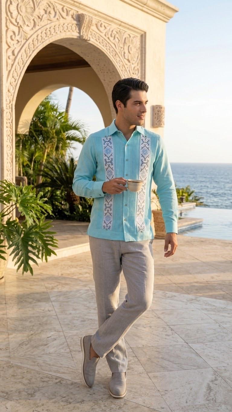 Guayabera Tulúm Azúl Aqua 100% lino