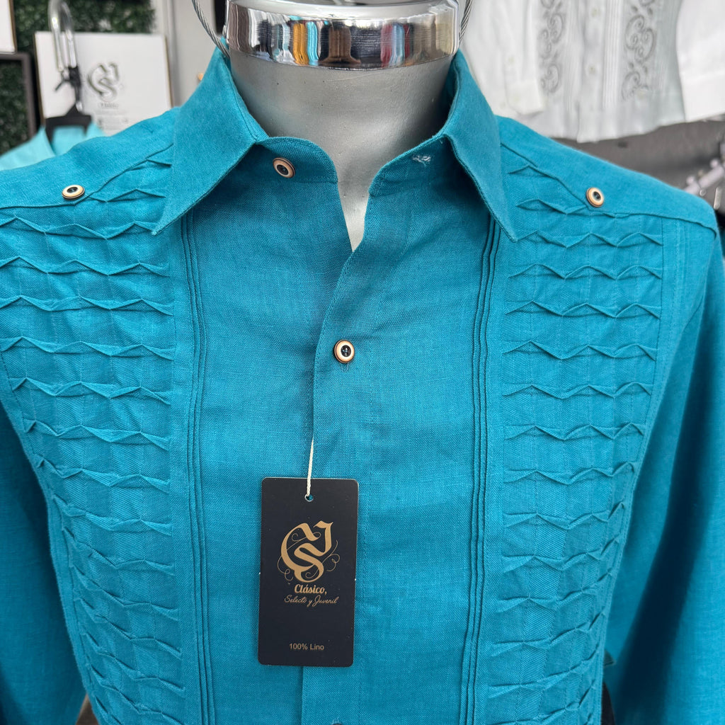 Guayabera Escama Azúl Petróleo 100% lino