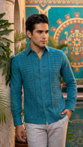 Guayabera Escama Azúl Petróleo 100% lino