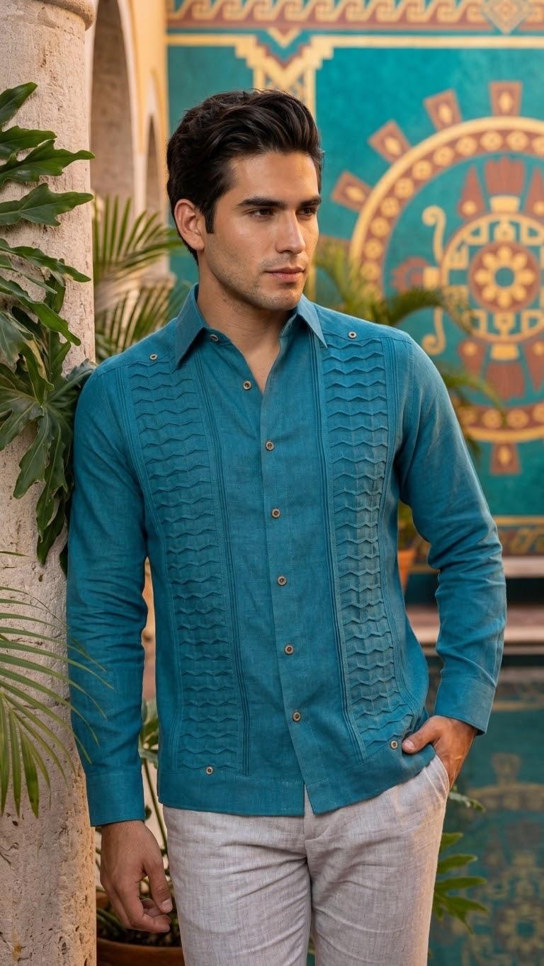 Guayabera Escama Azúl Petróleo 100% lino