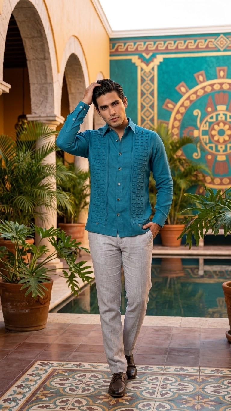 Guayabera Escama Azúl Petróleo 100% lino