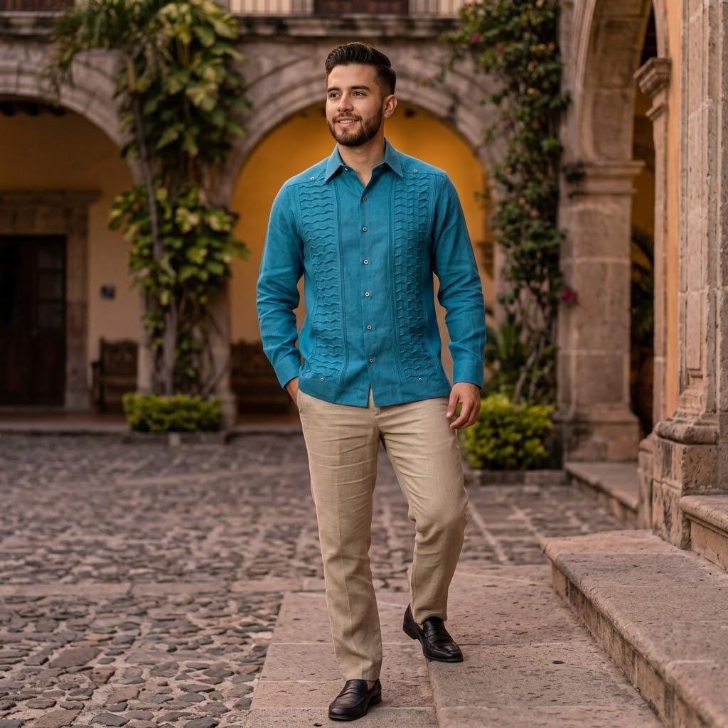 Guayabera Escama Azúl Petróleo 100% lino
