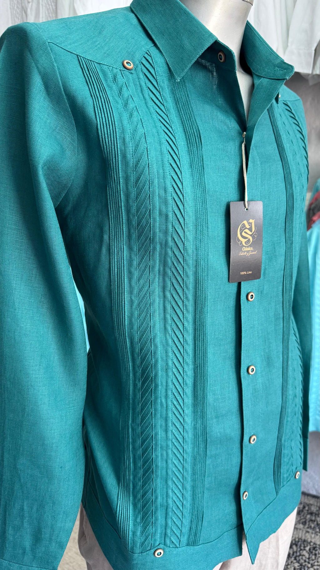 Guayabera Plumilla Verde Jade 100% lino