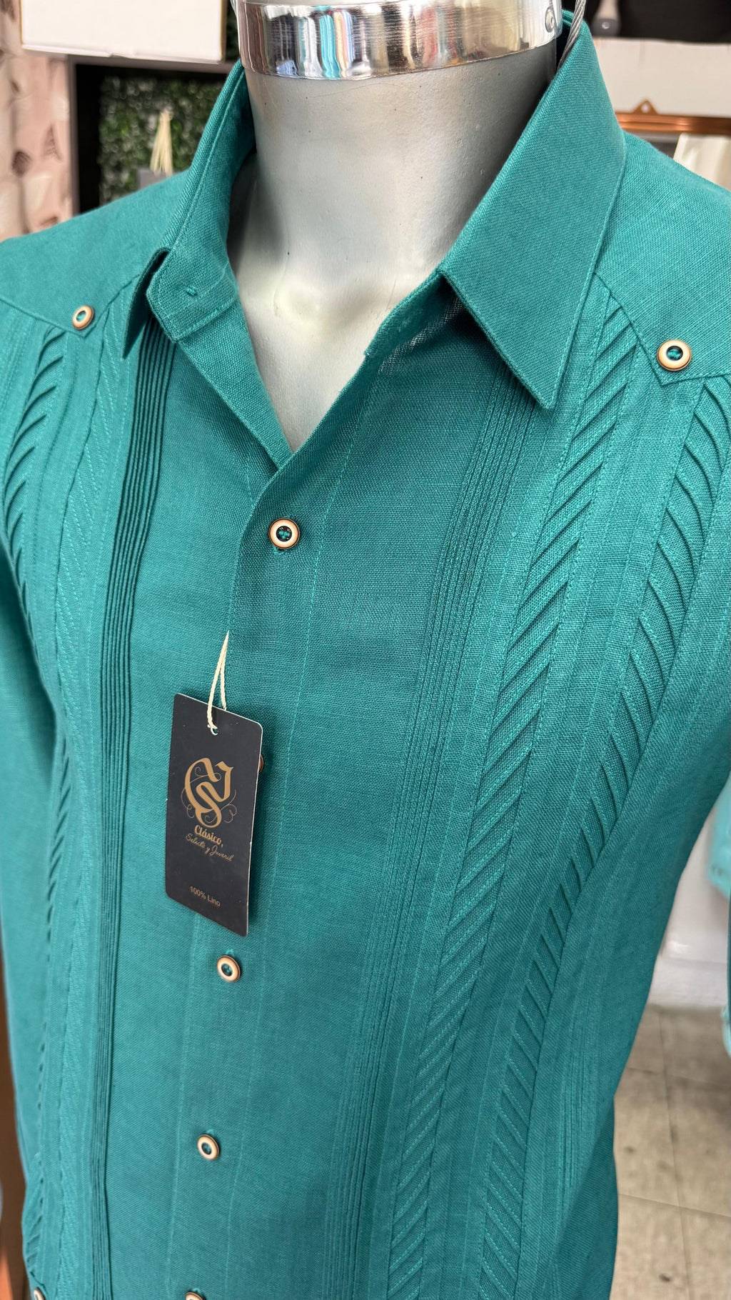Guayabera Plumilla Verde Jade 100% lino