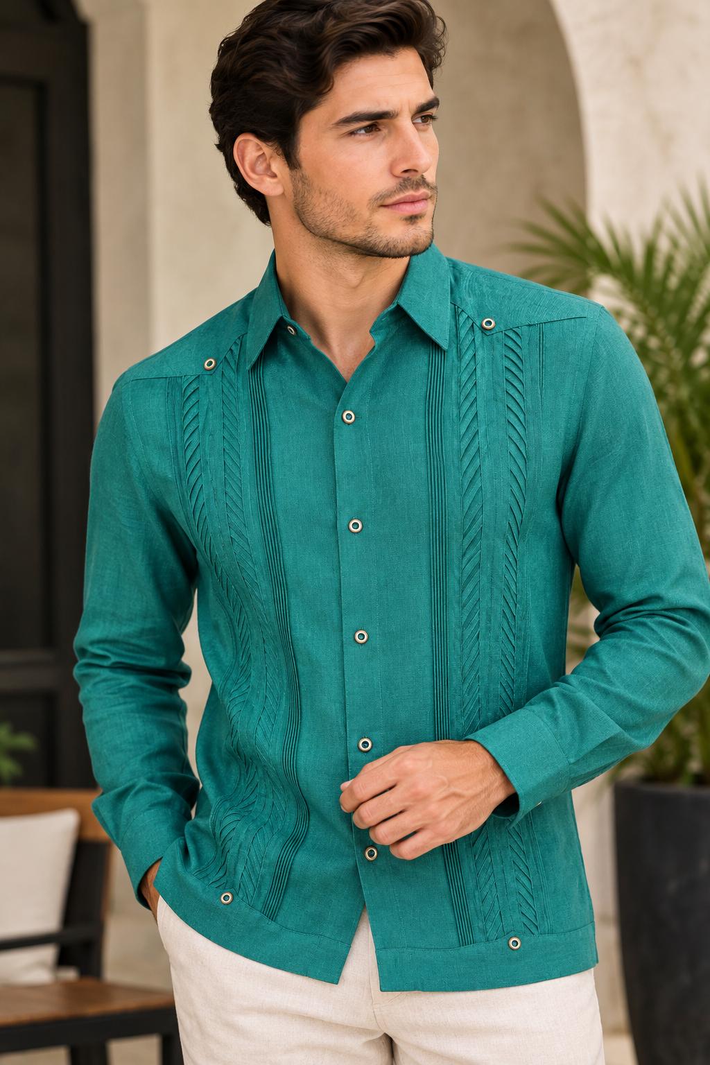 Guayabera Plumilla Verde Jade 100% lino