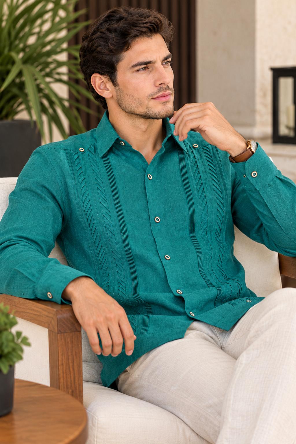 Guayabera Plumilla Verde Jade 100% lino