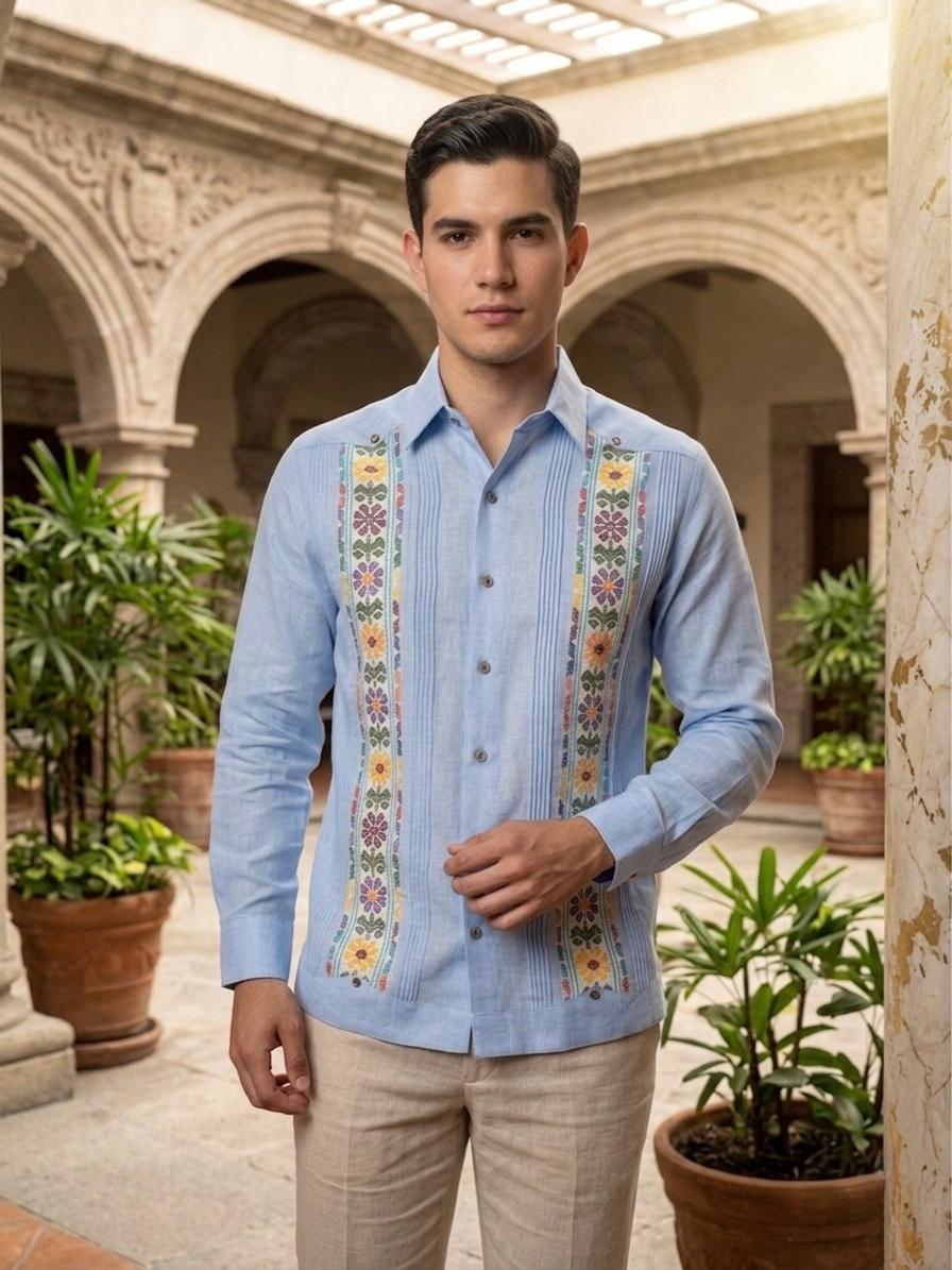 Guayabera Linaje Artesanal Azul 100% lino