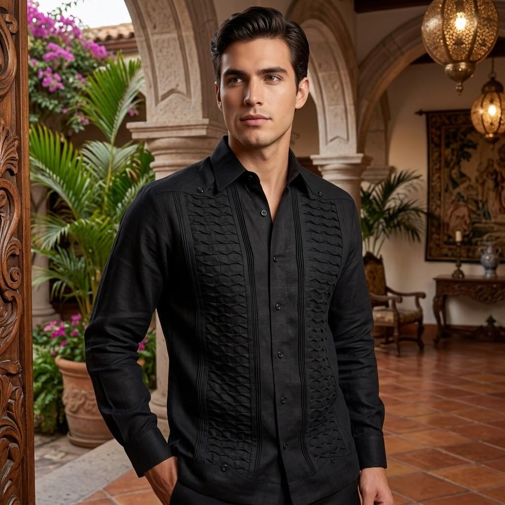 Guayabera Escama Negro 100% lino
