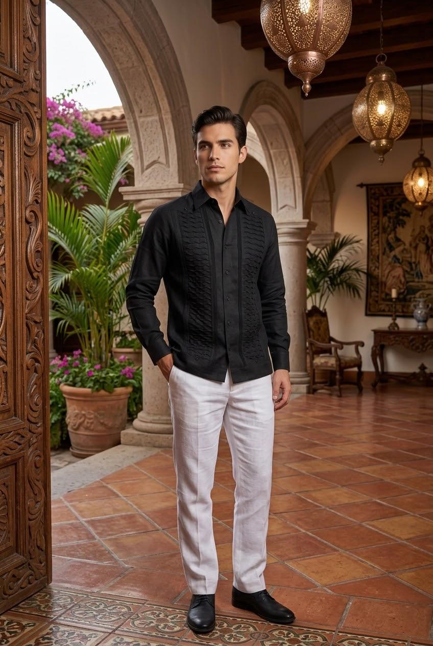 Guayabera Escama Negro 100% lino