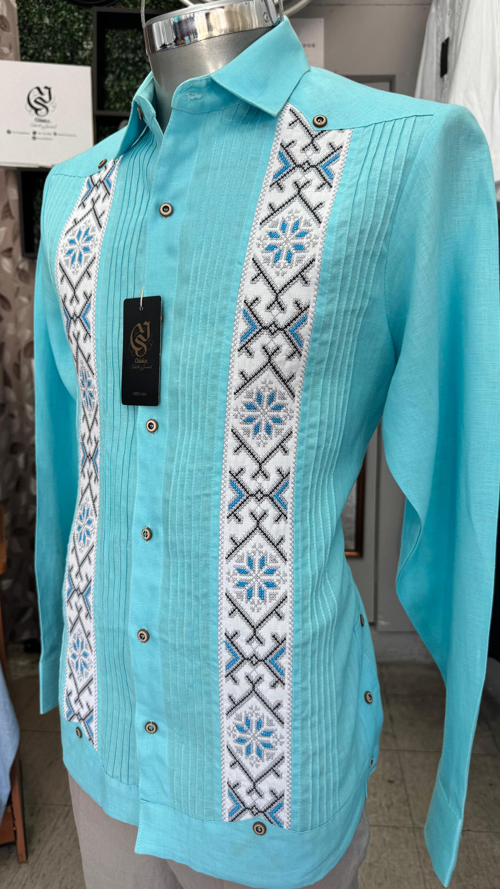 Guayabera Tulúm Azúl Aqua 100% lino