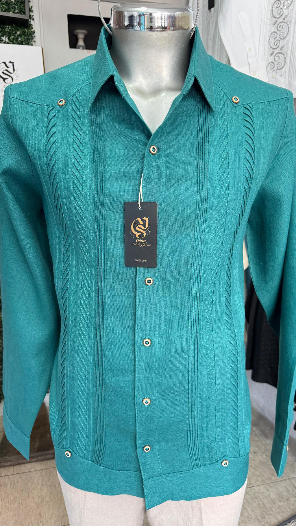 Guayabera Plumilla Verde Jade 100% lino
