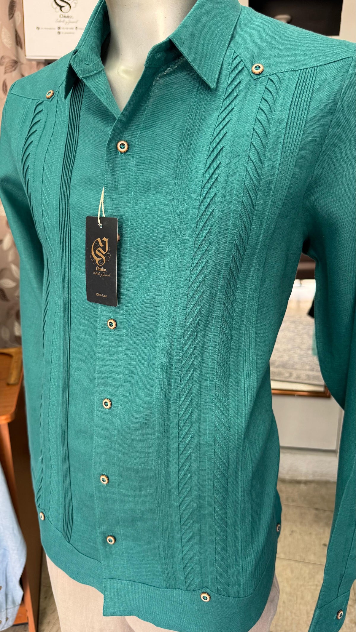 Guayabera Plumilla Verde Jade 100% lino