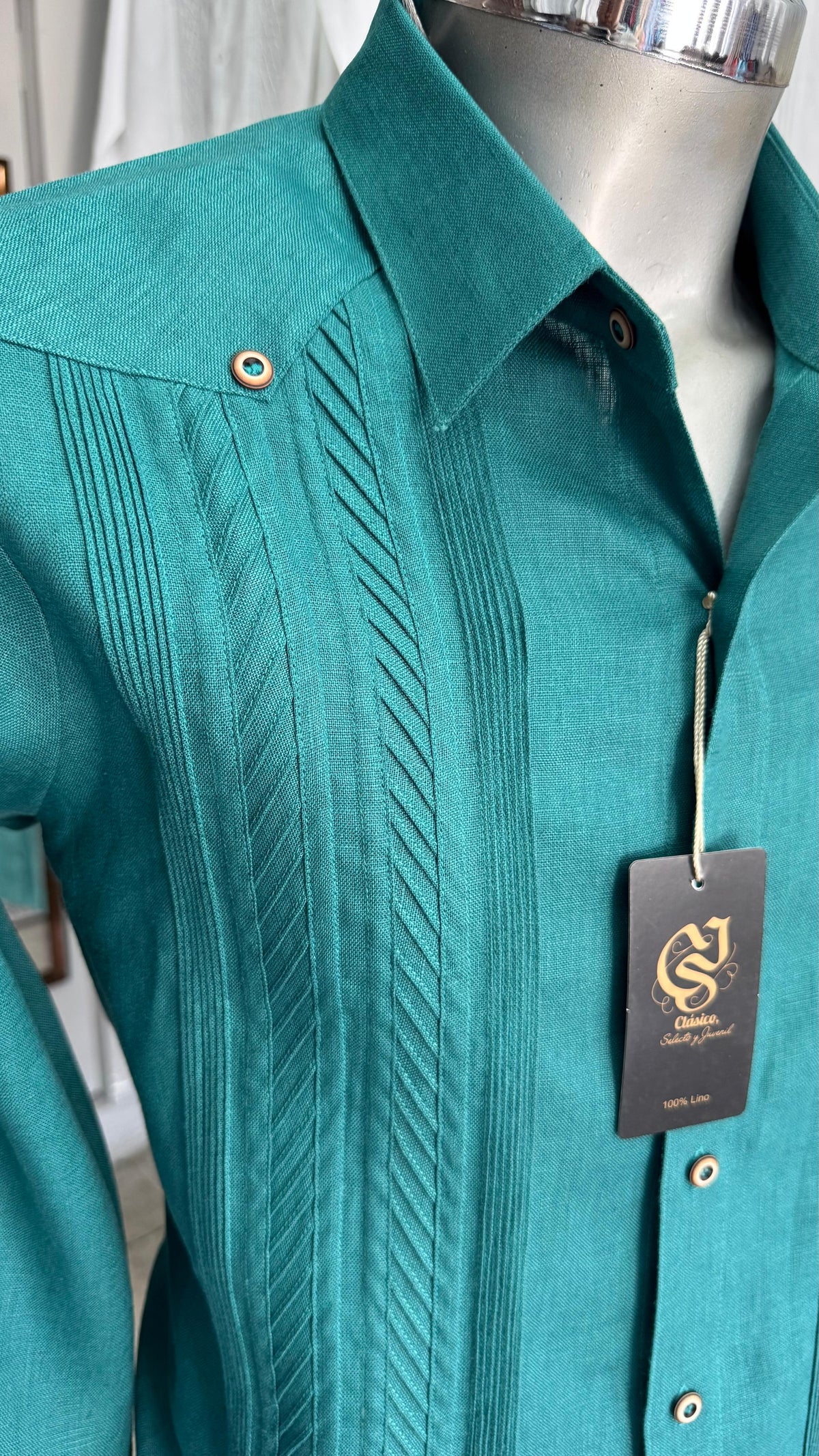 Guayabera Plumilla Verde Jade 100% lino